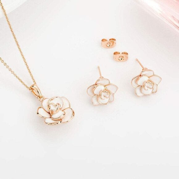 Rose Flower Necklace Earrings Set for Women 18K Gold Plated Hypoallergenic Jewel - Picture 5 of 8